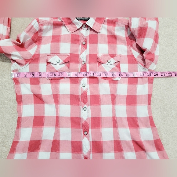 North River Women’s Pearl Snap Western Shirt Medium Pink White Plaid 100% Cotton - Picture 11 of 13